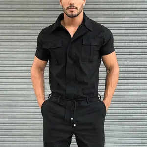 Men's casual black utility cargo short sleeve romper jumpsuit with drawstring waist