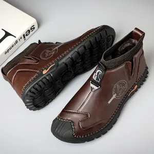 Stylish brown mid-top men's Martin boots featuring knit sock opening and warm fleece lining