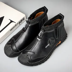 Premium black leather mid-top men's sock boots with stylish knit collar and toe design