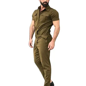 Slim fit men's military green short sleeve workwear jumpsuit with belt and chest pockets.