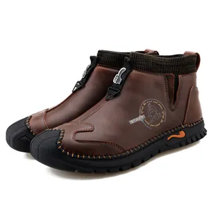 Men's stylish mid-top brown Martin boots featuring knit sock collar and nautical design