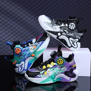 Waterproof boys mid-top basketball shoes with leather surface and rotary buckle