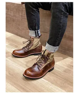 Botas de moto para hombre estilo vintage japonés en cuero marrón con efecto usado