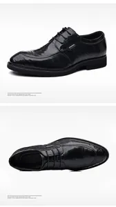 Detailed view of men's black business casual leather shoes with embossed crocodile texture
