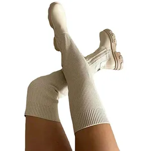 Stivali sopra il ginocchio da donna con suola spessa e tessuto a maglia beige