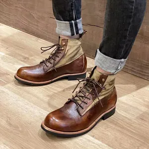 Botines de Motocicleta de Cuero Artificial Retro Japonés para Hombre Patchwork Estilo Amekaji Botas Martin Zapatos de Invierno Cálidos para Exteriores
