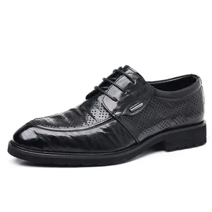 Classic black men's breathable leather dress shoes with hollow out design for summer