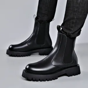 Herren Mode Plateau Chelsea-Stiefel Echtes Leder Hoher Schaft Runder Zeh Slip-On Martin-Stiefel Erhöhend Rutschfest Trendige Herrenschuhe
