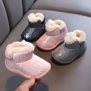 Children Winter Snow Boots Thickened Plush Warm Outdoor Cotton Shoes For Toddler Boys Girls Non-Slip Microfiber Leather Pink Gray Black