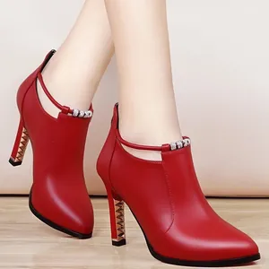 Botines de Tacón Alto con Punta Estrecha para Mujer Tacón de Aguja con Remaches Botas de Vestir Cremallera Trasera Elegante Correa de Strass Botas de Cuero
