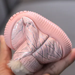 Flexible pink children's winter snow boots with butterfly pattern and warm fur lining