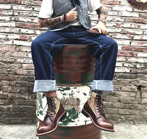 Botas de moto retro de cuero envejecido para hombre, estilo Amekaji