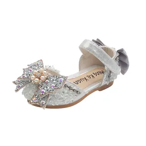 Sparkling silver girls princess sandals with large rhinestone bow and soft sole