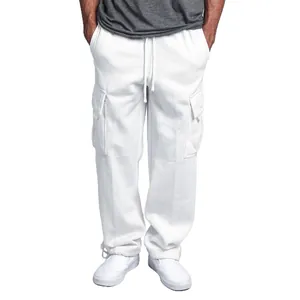 Men's loose fit white cargo pants featuring adjustable drawstring waist and multiple pockets