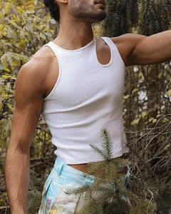 Detailed view of a men's white ribbed tank top featuring a stylish shoulder cutout design.