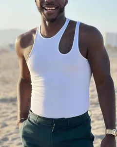 Stylish men's white asymmetric hollow-out ribbed vest with tight fit and beach style