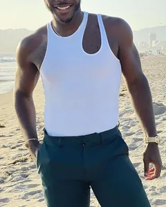 Fashionable men's white tight sleeveless tank top with cutout detail in beach lifestyle