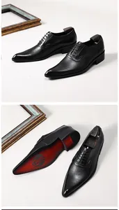 Detailed view of black pointed-toe leather oxfords with red soles for formal wedding attire.