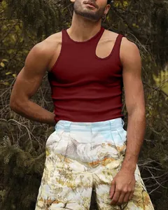 Detail shot of men's burgundy slim-fit tank top featuring a stylish shoulder cutout