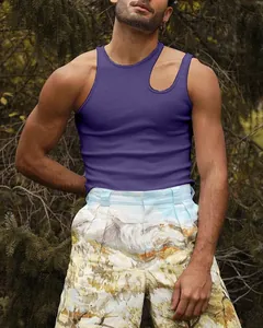Slim fit men's purple ribbed tank top featuring a unique creative shoulder cutout detail.