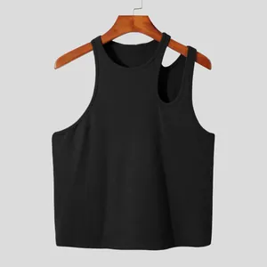 Detailed view of men's black ribbed tank top with unique irregular shoulder cutout design