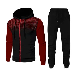Men's athletic tracksuit set with red gradient dot pattern hoodie and black pants