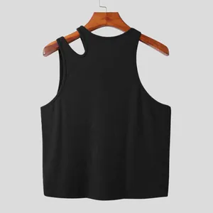 Back view of a men's black ribbed tank top featuring a unique shoulder cutout design.