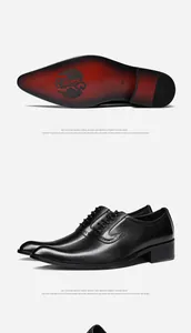 Detailed view of elegant black leather dress shoes with unique red wood-grain sole