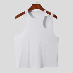 Close-up of white ribbed tank top with unique hollow-out shoulder detail for men's fashion