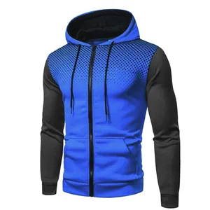 Front view of blue and black gradient dot zip-up hoodie for men's athletic wear