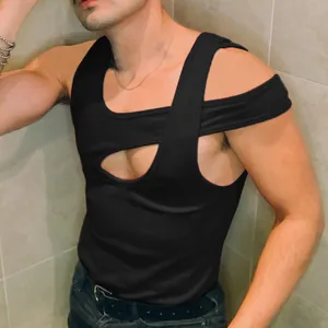 Detail view of men's slim fit tank top with unique chest cut-out design