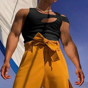 Close-up of men's black hollow-out sleeveless tank top with trendy shoulder cut-out