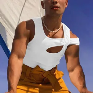 Close-up of white hollow-out tank top showing unique cut and slim fit design