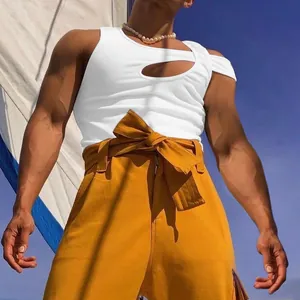 Detail of white men's cutout sleeveless tank top with ribbed texture and slim fit design.