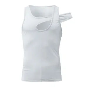 White men's tight tank top with stylish hollow-out chest and shoulder strap detail.