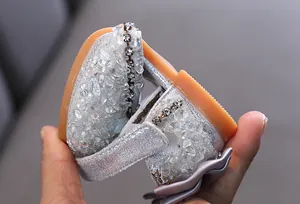 Macro view of sparkly silver girls' sandal highlighting soft and flexible sole details