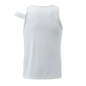 Back view of men's white sleeveless tank top featuring unique one-shoulder strap detail.