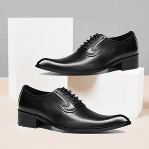 Men Black Pointed Toe Dress Shoes Japanese Style Brogue Carved Oxford Derby Shoes For Wedding Banquet Performance Height Increasing Leather Shoes (3369)