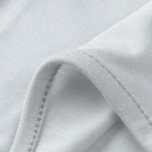 Macro view of white ribbed neckline detail showing fine stitching on a cotton knit shirt.