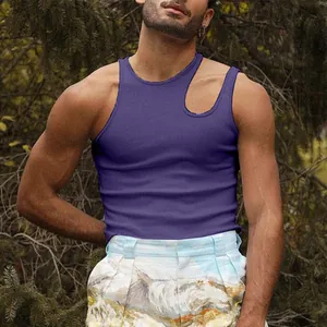 Men's stylish purple ribbed tank top with unique cutout shoulder detail and slim fit