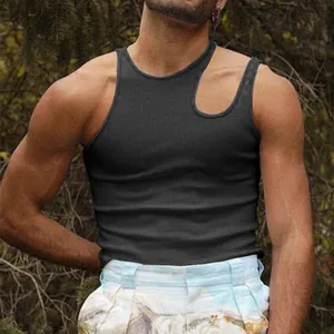 Trendy men's slim fit tank top with unique asymmetric cutout shoulder design in black