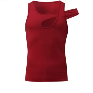 Detail view of men's red hollow-out tank top with asymmetric shoulder cutout design