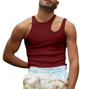 Men's sexy burgundy ribbed knit tank top with unique shoulder hollow-out design