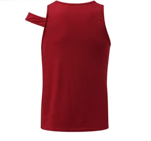 Back detail view showing the asymmetric shoulder cutout of the red men's tank top.