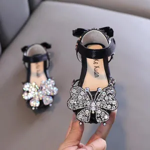 Elegant black girls' princess sandals with sparkly rhinestone butterfly and soft sole