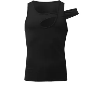 Close-up of black men's cutout tank top with asymmetric shoulder strap design