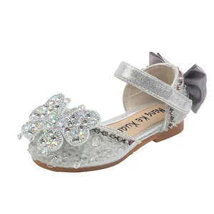Silver princess sandal for girls with rhinestone butterfly and bow decoration