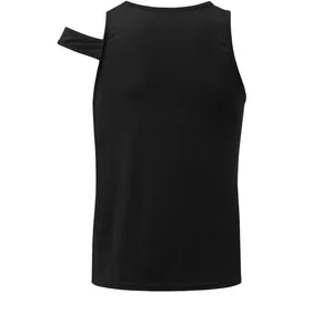 Back detail view of a men's black sleeveless tank top with cutout shoulder design