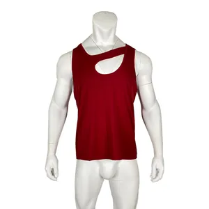 Close-up of men's red tank top with unique asymmetric shoulder cutout detail