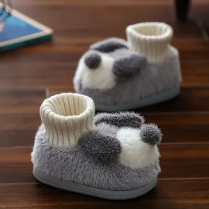 Cute panda-style fuzzy slippers for children with warm knit ankle collar